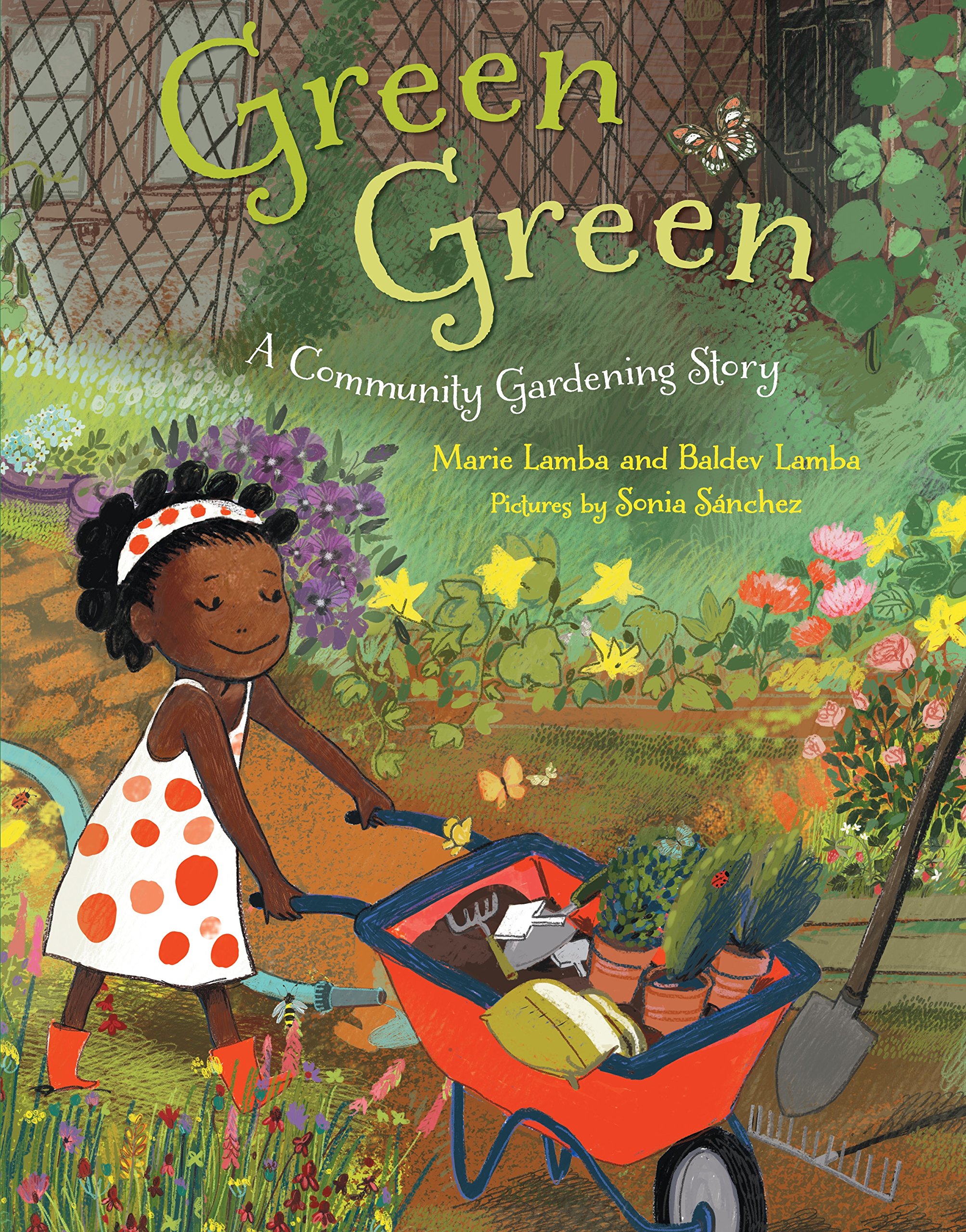 Green Green book cover with a child pushing a wheelbarrow